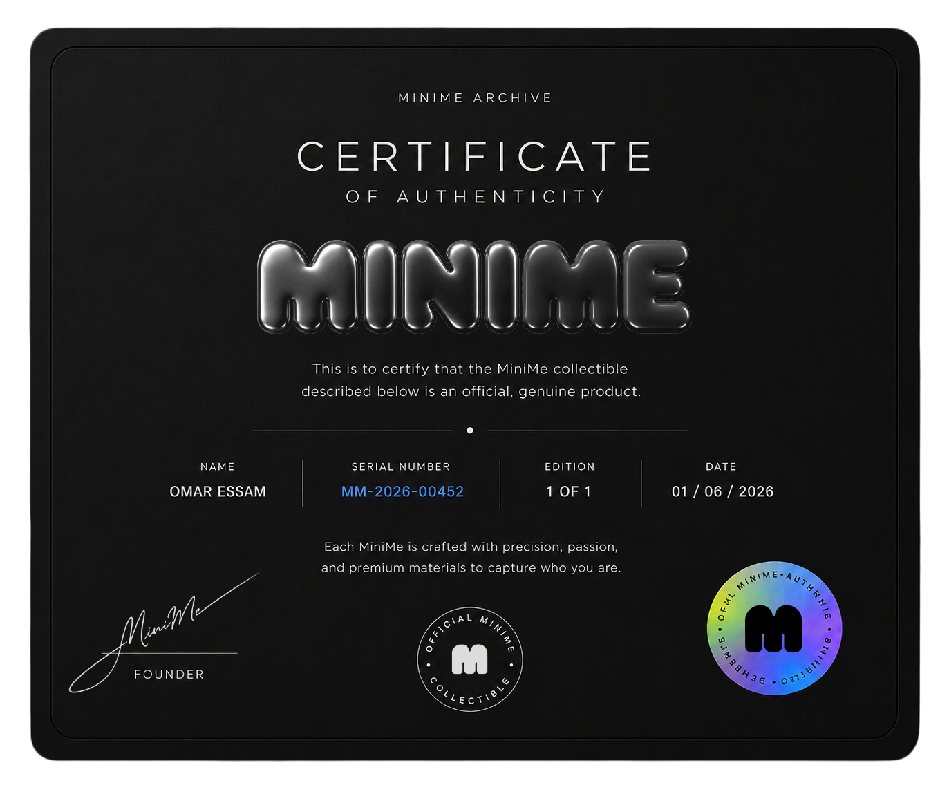 MiniMe certificate of authenticity